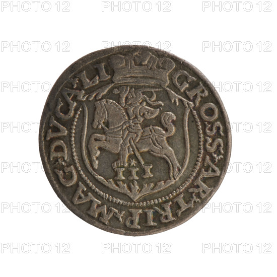 Lithuanian trojak, Sigismund II Augustus (king of Poland; 1544–1572), Jagiellonians (dynasty), coats of arms, Polish coins, SA monogram, monograms, royal monograms, Pogon (coat of arms; Lithuania), tied monograms, heraldic shields, heraldic shields under a ducal mitre. Obverse: under the crown a tied monogram composed of the letters SA, flanked by the year 15 - 63, rim inscription divided by the Topór coat of arms: .SIGIS.AVG.DG - REX.POLO.MDL. Reverse: under the prince's mitre, a shield with the Lithuanian Pahonia and the value number III, rim inscription: GROSS.AR.TRIP.MAG.DVCA.LI. Date: 1563. Place: Vilnius, Grand Duchy of Lithuania. Object: coin; diameter ~21.2–21.4 mm; weight 3.02 g.