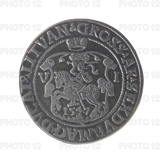 Obverse: Crowned male bust in armour turned right, inscription around: .SIGIS.AVG.DGREX.POLO.MAG.DVX.LITVA. Reverse: Under the ducal mitre a shield with the Lithuanian Pahonia and the year 1547, on the sides of the shield the number of values V - I; rim inscription: GROSS.AR.SEXDVP.MAG.DVCAT9.LITVAN. Lithuanian sixer (coin) of Sigismund II Augustus (King of Poland, 1520–1572), 1547; silver; Grand Duchy of Lithuania (Vilnius). Subject: royal bust, Pogon (coat of arms). Diameter ~27.7–28.2 mm; weight 5.15 g.