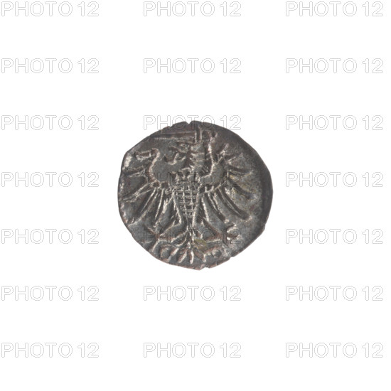 Gdansk denarius, Sigismund II Augustus (King of Poland; 1544–1572). Obverse: in the border the Eagle of Royal Prussia. Reverse: in the border the coat of arms of Gdansk, with numerals of the date 5 - 0, 1550 at the sides. Features coats of arms, Jagiellons dynasty eagles; Polish city coats of arms. Coin: diameter 11.8–12.3 mm, weight 0.40 g.