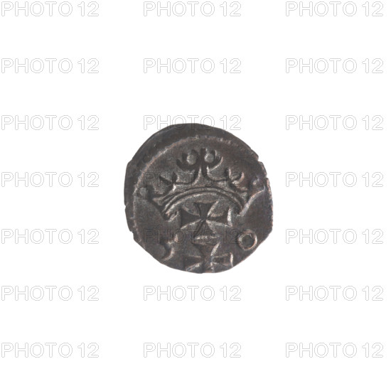 Gdansk denarius, Sigismund II Augustus (King of Poland; 1544–1572). Obverse: eagle of Royal Prussia in the border. Reverse: coat of arms of Gdansk in the border, with date numerals 5 - 0, 1550 at the sides. Features Jagiellon dynasty coats of arms and eagles. Polish coin; weight 0.40 g; diameter approx. 11.8–12.3 mm.