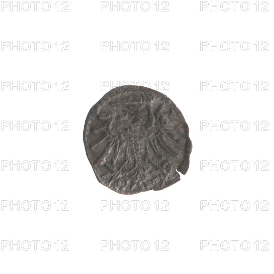 Gdansk denarius, Sigismund II Augustus (King of Poland; 1544–1572). Obverse: in the border the Eagle of Royal Prussia. Reverse: in the border the coat of arms of Gdansk, with numerals of the date 5 - 1, 1551. Emblems: Jagiellons (dynasty), eagles. Subject: Polish coin; city coats of arms; Eagle (coat of arms). Coin diameter 12–13 mm; weight 0.36 g.