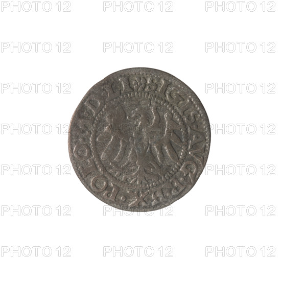 Gdansk szelag, Sigismund II Augustus (King of Poland; 1544–1572). Obv.: Eagle of Royal Prussia; in the rim between pearl-shaped borders an inscription: .SIGIS.AVG.REX.POLO.MDLI. Rev.: Coat of arms of Gdansk; in the rim between pearl-shaped borders an inscription: .MONE.CIVI.GEDANEN.1551. Date: 1551. Materials/area: Poland, Gdansk. Subject/typology: coin; emblems: Jagiellon dynasty, eagles, Gdansk (coat of arms), city coats of arms, Eagle (coat of arms). Dimensions: diameter 19.7–20.0 mm; weight 0.88 g.