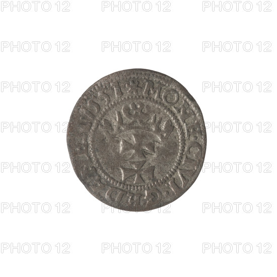 Gdansk szelag, Sigismund II Augustus (King of Poland; 1544–1572); emblems, Jagiellon dynasty; eagles; Polish coin; Gdansk coat of arms; city coats of arms; Eagle (coat of arms). Obv.: Eagle of Royal Prussia; in the rim between pearl-shaped borders an inscription: .SIGIS.AVG.REX.POLO.MDLI. Rev.: Coat of arms of Gdansk; in the rim between pearl-shaped borders an inscription: .MONE.CIVI.GEDANEN.1551. Date: 1551. Poland, Gdansk. Coin. Diameter: 19.7–20.0 mm. Weight: 0.88 g.