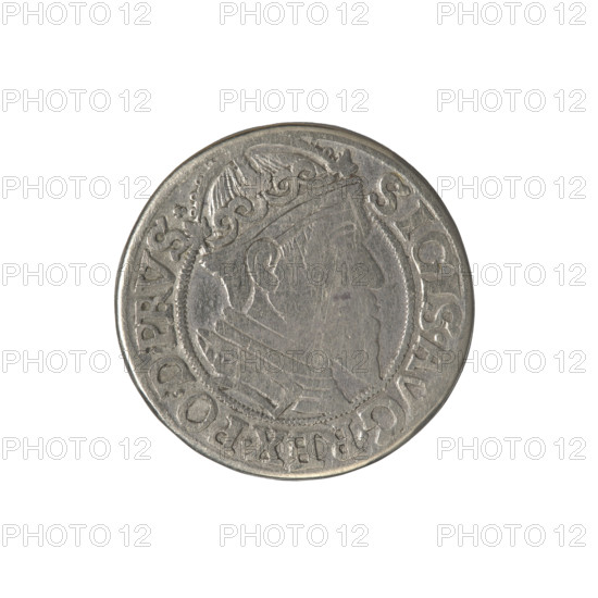 Gdansk groschen piedfort, Sigismund II Augustus (King of Poland; 1544–1572), Jagiellonians (dynasty). Obverse: crowned male bust in profile turned to the right; rim inscription between pearl borders: .SIGIS.AVG.REX.PDPRVS. Reverse: coat of arms of Gdansk; rim inscription between pearl borders: .GROSSVS.CIVI.GEDANEN.1557. 1557. Poland, Gdansk. Coin; diameter 23.0–23.2 mm; weight 16.25 g. Subjects: royal bust, city coats of arms, Polish coins, iconography of Sigismund II Augustus, male busts, piedfort, unique item.