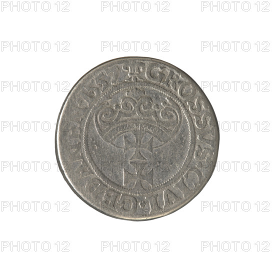 Gdansk groschen piedfort, Sigismund II Augustus (King of Poland; 1544–1572), Jagiellonians (dynasty); royal bust; city coat of arms of Gdansk; Polish coin; iconography: Sigismund II Augustus (1520–1572) — male busts; piedfort, unique item. Obv.: Crowned male bust in profile turned to the right; rim between pearl borders with inscription divided at the top: .SIGIS.AVG.REX.PDPRVS. Rev.: Coat of arms of Gdansk; rim between pearl borders with inscription: .GROSSVS.CIVI.GEDANEN.1557. Date: 1557. Place: Poland, Gdansk. Diameter: 23.0–23.2 mm. Weight: 16.25 g.