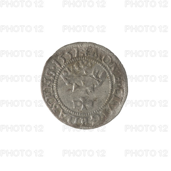 Gdansk szelag, Sigismund II Augustus (King of Poland; 1544–1572); obverse: Eagle of Royal Prussia, in the rim between pearls an inscription: .SIGIS.AVG.REX.POLO.MDLI; reverse: Coat of arms of Gdansk, in the rim between pearls an inscription: .MONE.CIVI.GEDANENS.1551; 1551; Poland, Gdansk; coin; diameter 19.8–20.5 mm; weight 1.04 g; Jagiellon dynasty; motifs: eagles, city coat of arms.