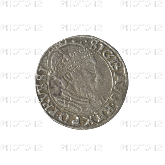 Gdansk grosz, Sigismund II Augustus (King of Poland; 1544–1572), good preservation, Jagiellonians (dynasty), Polish coin, royal bust (iconography), Gdansk (coat of arms), city coats of arms, Sigismund II Augustus (King of Poland; 1520–1572) — iconography, male busts. Obv.: Crowned male bust in profile turned to the right; in the rim between the pearl borders an inscription divided at the top: .SIGIS.AVG.REX.PDPRVSSI. Rev.: Coat of arms of Gdansk; in the rim between pearl borders an inscription: OSSVS.CIVI.GEDANEN.1556. Date: 1556. Place: Poland, Gdansk. Object: coin. Diameter: 22.4–22.5 mm. Weight: 1.81 g.