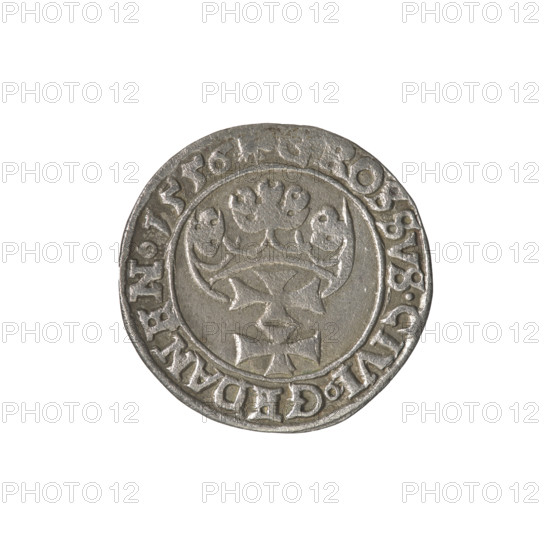 Gdansk grosz, Sigismund II Augustus (King of Poland; 1544–1572), good preservation, Jagiellonians (dynasty), Polish coin. Obverse: Crowned male bust in profile turned to the right; rim inscription divided at the top: .SIGIS.AVG.REX.PDPRVSSI. Reverse: Coat of arms of Gdansk; rim inscription: OSSVS.CIVI.GEDANEN.1556. Date: 1556. Subject: royal bust; city coat of arms. Material: coin. Diameter 22.4–22.5 mm; weight 1.81 g.
