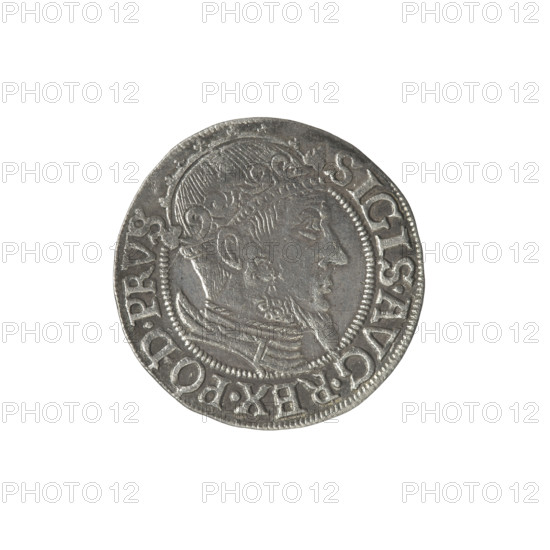 Gdansk grosz, Sigismund II Augustus (King of Poland; 1544–1572), Jagiellon dynasty. Obverse: Crowned male bust in profile turned to the right; rim between pearl-shaped borders bears inscription divided at the top: SIGIS.AVG.REX.PO.D.PRVS. Reverse: Coat of arms of Gdansk; rim between pearl-shaped borders bears inscription: GROSSVS.CIVI.GEDANEN.1557. Date: 1557. Material: coin (Poland, Gdansk). Diameter 22.0–22.6 mm, axis 340°, weight 1.94 g. Iconography: royal bust; coats of arms of cities; male busts; Sigismund II Augustus – iconography.