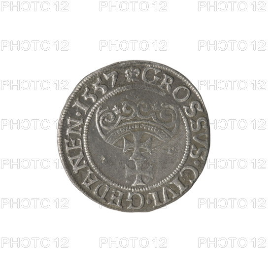 Gdansk grosz, Sigismund II Augustus (King of Poland; 1544–1572), Jagiellon dynasty. Obverse: Crowned male bust in profile turned to the right; rim between pearl-shaped borders with inscription divided at the top: SIGIS.AVG.REX.PO.D.PRVS. Reverse: Coat of arms of Gdansk; rim between pearl-shaped borders with inscription: GROSSVS.CIVI.GEDANEN.1557. Date: 1557. Poland. Gdansk. Coin. Diameter 22.0–22.6 mm. Axis 340°. Weight 1.94 g.