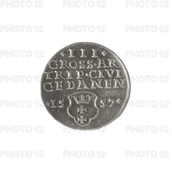 Gdansk trojak, Sigismund II Augustus (King of Poland; 1544–1572), Jagiellonians (dynasty). Obverse: Crowned male bust in profile turned right; rim inscription divided at the top, terminating in a lily: 'SIGIS.AVG.REX.PO.D.PRVS.' Reverse: Below the denomination '.III.' inscription 'GROSS.AR/TRIP.CIVI/GEDANEN' and year '.15 - 57.' separated by a shield with the coat of arms of Gdansk. 1557. Poland, Gdansk. Coin; diameter 20.0–20.7 mm, axis 90 degrees, weight 2.59 g.