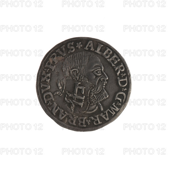 Three-piece coin with the countersignature of the City of Gdansk from 1577; Vogelwaider (Vogelwaid), Eustachius, publisher; Decjusz, Jost Ludwik (fl. 1528–1535), publisher; Gdansk; good (condition of preservation); R5 (rarity). Albrecht Hohenzollern (Prince of Prussia; 1490–1568) — iconography: rosettes, male busts in armor. Obv. Male bust in armour, profile turned right; short hair, beard with sideburns. Around the rim the inscription *ALBER DG MAR BRAN DVX PRVS*; continuous border, plant motifs between the words. Countersignature (vertical hook crossed twice with projections in two directions) struck in Gdansk in 1577 during the siege. Rv. Within the continuous border the inscription in six lines *III*/.GROSS:AR:/.TRI, X./.ALBER:DVC./.PRVSSIE./*I537* (1537). Ducal Prussia (1525–1701), Königsberg. Coin: dia. 22.3 mm, weight 2.72 g, axis 120°.