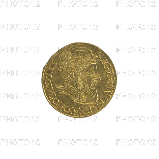 Lithuanian ducat, Sigismund II Augustus (King of Poland; 1544–1572), very good state of preservation, R8 (rarity). Obv.: Bust of Sigismund Augustus in a crown, with a longer beard; rim inscription SIGIS AVG REX POLO MD LIT, rim interrupted by the king's crown, pearl rim. Rev.: Under the ducal mitre, a decorative shield with the coats of arms of Poland, Lithuania, Kiev, Samogitia, Volhynia, and the Sforza family; date 1560 shown as 15 60 on the sides of the mitre; rim inscription MONE AVRE MAG DVCAT LIT, rim interrupted by the mitre, pearl rim. 1560. Poland, Vilnius. Coin; diameter 22 mm; weight 3.45 g.