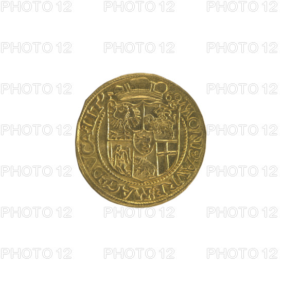 Lithuanian ducat, Sigismund II Augustus (King of Poland; 1544–1572), very good state of preservation, R8 rarity. Obverse: Bust of Sigismund Augustus in a crown, with a longer beard; rim inscription 'SIGIS AVG REX POLO MD LIT,' rim interrupted by the king's crown, pearl rim. Reverse: Under the ducal mitre, a decorative shield with the coats of arms of Poland, Lithuania, Kiev, Samogitia, Volhynia, and the Sforza family; date '1560' flanking the mitre; rim inscription 'MONE AVRE MAG DVCAT LIT,' rim interrupted by the mitre, pearl rim. Genre: Lithuanian coin; motifs: iconography, portraits of rulers, busts, coats of arms. Date: 1560. Place: Vilnius, Poland (Grand Duchy of Lithuania). Medium: coin; diameter 22 mm; weight 3.45 g.