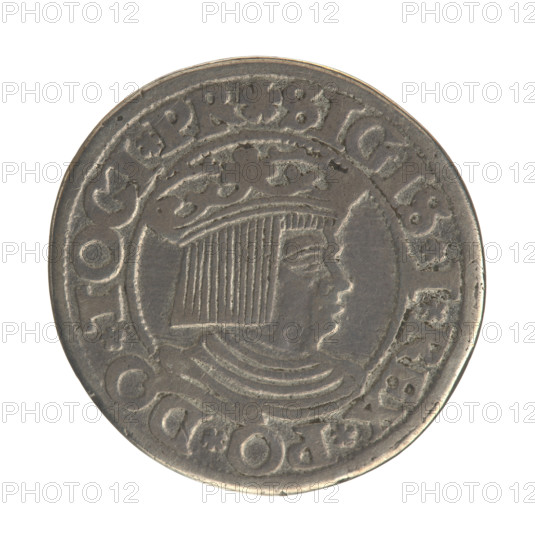 Gdansk grosz - piefort, Sigismund I the Old (King of Poland; 1506–1548). Polish coin, Jagiellon dynasty. Obverse: Crowned male bust in profile turned to the right; in the rim between pearl-shaped borders an inscription: .SIGIS.I.REX.PO.DO.TOCI.PR. Reverse: Coat of arms of Gdansk; in the rim between pearl-shaped borders an inscription: .GROSSVS.CIVI.DANCZ.1534. Dated 1534. Diameter approx. 22.6–22.8 mm; weight 11.02 g.
