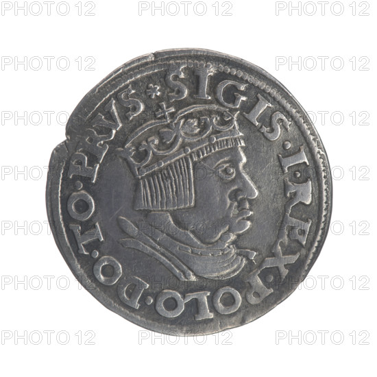 Gdansk trojak (grosz), 1536. Obverse: Crowned male bust in profile turned right, inscription around rim: .SIGIS.I.REX.POLO.DO.TO.PRVS. Reverse: In-rim inscription in five lines with date separated by a shield bearing the coat of arms of Gdansk: .III./.GROS:AR:/TRIP:CIVI:/DANNCZK/.15 - 36. Silver coin, diameter 20.8–21.0 mm, axis 315°, weight 2.55 g. Iconography: Sigismund I the Old (King of Poland, 1467–1548), royal crown, royal bust, eagles, city coat of arms; Jagiellonian dynasty. Gdansk (Pomeranian Voivodeship), Poland.
