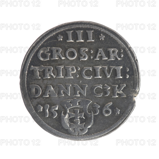 Gdansk trojak, Sigismund I the Old (King of Poland, 1506–1548), 1536. Obverse: Crowned male bust in profile turned to the right, inscription around the rim: .SIGIS.I.REX.POLO.DO.TO.PRVS. Reverse: In-rim inscription in five lines with date separated by a shield bearing the coat of arms of Gdansk: .III./.GROS:AR:/TRIP:CIVI:/DANNCZK/.15 - 36. Features: grosz denomination, royal crown iconography, royal bust, eagles and city coats of arms (Gdansk), Jagiellonian dynasty iconography. Minting: Gdansk (Pomeranian Voivodeship), Poland. Object type: coin (trojak). Measurements: diameter ~20.8–21.0 mm, axis 315°, weight 2.55 g.