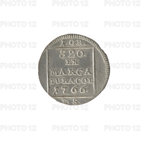silver crown groschen; Sylm, Fryderyk (1765–1767); Stanislaw August Poniatowski (King of Poland; 1764–1795); Polish coin; Stanislaw August Poniatowski (King of Poland; 1732–1798); monograms, tied monograms, royal monograms, inscriptions, crown coin. Obv.: In a square frame, under the crown, a tied monogram composed of the letters SAR, pearl border. Rev.: In a square frame, inscription in five lines: '320./EX/MARCA/PURA.COL./1766.', above the frame: '1.GR.', below: 'FS', pearl border. 1766. Polish–Lithuanian Commonwealth (1569–1795), Warsaw, Poland. Coin: diameter 20.3–20.6 mm, weight 1.92 g.