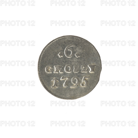 crown sixer, Stanislaw August Poniatowski (King of Poland; 1764–1795), Polish Crown coin, inscriptions, coats of arms, multi-field coat of arms under a crown, Obverse: under the crown a round, three-field coat of arms with the coats of arms of Poland (Eagle), Lithuania (Pogon) and the Poniatowski coat of arms (Ciolek); around the inscription divided by a crown: STANISLAUS AUGUSTUS — pearl rim. Reverse: inscription in three lines: 6/ GRO / ZY / 1795 (with digits of the rosette value at the sides), pearl rim. Date: 1795. Place: Warsaw, Polish–Lithuanian Commonwealth (1569–1795). Object: coin; diameter approx. 18.8–19.2 mm; weight 1.95 g.