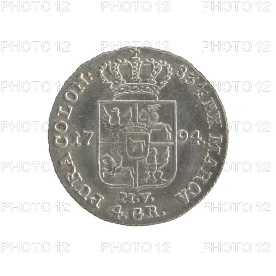 Gold crown (coin), 1794. Obverse: head/portrait of Stanislaw August (Stanislaw August Poniatowski), inscription around rim: 'STANISLAUS AUG.DGREX POL.MDL'. Reverse: under a crown, a five-field coat of arms showing Poland (eagle), Lithuania (Pogon), and the Poniatowski family (Ciolek); date shown as 17-94, letters 'MV' and '4.GR.' at bottom; surrounding inscription divided by a crown: '83½ EX MARCA-PURA COLON:' Edge: obliquely ribbed. Metal: (gold). Diameter: ca. 26.4–26.6 mm. Weight: 5.35 g. Polish–Lithuanian Commonwealth (1569–1795), Warsaw, Poland.