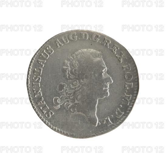 crown zloty, Partenstein, Antoni (fl. 1772-1774), Stanislaw August Poniatowski (King of Poland; 1732-1798), Polish coins, Crown coins, iconography, portraits of rulers, coats of arms, multi-field coats of arms, coats of arms under a crown, Obv.: Head of Stanislaw August, inscription around the rim: STANISLAUS AUG.DGREX POL.MDL, pearl border. Rev.: Under a crown, in a wreath, a round five-field coat of arms with the coats of arms of Poland (Eagle), Lithuania (Pogon) and the coat of arms of the Poniatowski family (Ciolek), below the letters AP and GR, around the inscription divided by a crown: LXXX.EX.MARCA.-PURA.COL.1773., pearl border; diagonally fluted edge, 1773, Polish-Lithuanian Commonwealth (1569-1795), Warsaw, Poland, coin; diameters 26.4 mm and 27.2 mm, weight 5.23 g