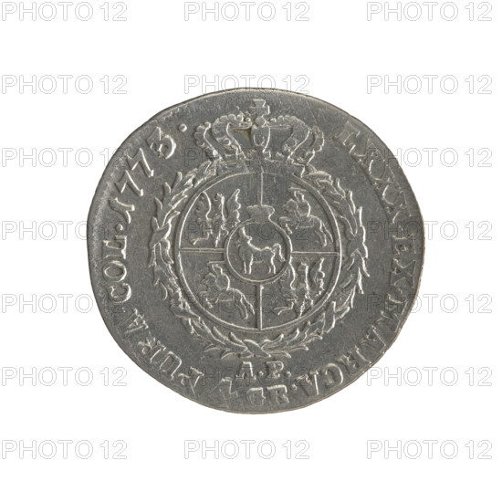 crown zloty, Partenstein, Antoni (fl. 1772-1774), Stanislaw August Poniatowski (King of Poland; 1764-1795), Polish coins, Crown coins, Stanislaw August Poniatowski (King of Poland; 1732-1798) - iconography, portraits of rulers, coats of arms, multi-field coats of arms, coats of arms under a crown, coats of arms, Obv.: Head of Stanislaw August, inscription around the rim: STANISLAUS AUG.DGREX POL.MDL, pearl border. Rev.: Under a crown, in a wreath, a round five-field coat of arms with the coats of arms of Poland (Eagle), Lithuania (Pogon) and the coat of arms of the Poniatowski family (Ciolek), below the letters AP and GR, around the inscription divided by a crown: LXXX.EX.MARCA.-PURA.COL.1773., pearl border; diagonally fluted edge, 1773, Polish-Lithuanian Commonwealth (1569-1795), Warsaw, Poland, coin, diameter 26.4 mm, diameter 27.2 mm, weight 5.23 g