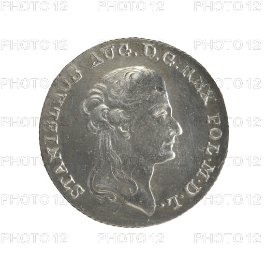 2 gold crown coins, Stanislaw August Poniatowski (King of Poland; 1732–1798 / reign 1764–1795). Obv.: Head of Stanislaw August, inscription around the rim: STANIS. AUG. D. G. REX POL. MDL. Rev.: Under a crown, a five-field coat of arms with the coats of arms of Poland (Eagle), Lithuania (Pogon) and the Poniatowski family (Ciolek); date broken as 17 - 95; below the shield on a ribbon the Order of the White Eagle, flanked by the letters M. - V. and 8. - GR.; inscription in the rim: 42, X MARCA - PURA COLON:. Edge diagonally fluted. 1795. Polish–Lithuanian Commonwealth (1569–1795), Warsaw, Poland. Coin; diameters 28.9 mm and 29.0 mm; weight 9.37 g.