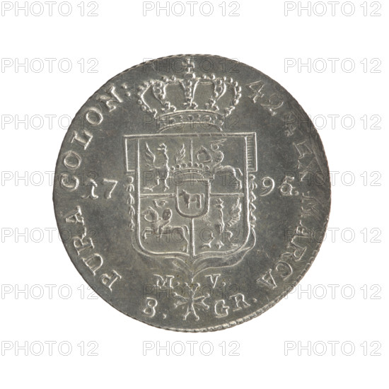 2 gold crown coins, Stanislaw August Poniatowski (King of Poland; 1732–1798; reign 1764–1795). Obverse: Head of Stanislaw August, inscription around the rim: STANIS, AUG.DGREX POL.MDL. Reverse: Under a crown, a five-field coat of arms with the coats of arms of Poland (Eagle), Lithuania (Pogon) and the Poniatowski family (Ciolek); on the sides the date 17 - 95; below the shield on a ribbon the Order of the White Eagle; on its sides the letters M. - V. and 8. - GR.; inscription in the rim: 42, X MARCA - PURA COLON:. Edge diagonally fluted. 1795. Polish–Lithuanian Commonwealth. Warsaw, Poland. Coin; diameters 28.9 mm and 29.0 mm; weight 9.37 g.