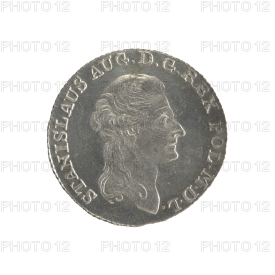 Gold crown, Stanislaw August Poniatowski (King of Poland; 1764–1795). Obverse: head of Stanislaw August, inscription around rim 'STANISLAUS AUG.DGREX POL.MDL'. Reverse: under a crown, a multi-field coat of arms with Poland (Eagle), Lithuania (Pogon) and the Poniatowski family (Ciolek); date on sides '17-94'; at bottom letters 'MV' and '4.GR.'; around it an inscription divided by a crown: '84½ EX MARCA-PURA COLON:' Edge obliquely fluted. 1794. Polish–Lithuanian Commonwealth (1569–1795), Warsaw, Poland. Coin; diameter 26.1–26.5 mm, weight 5.49 g.