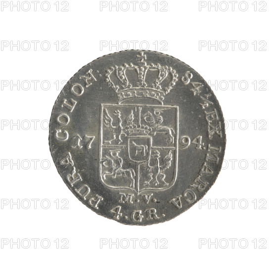 Gold crown, Stanislaw August Poniatowski (King of Poland; 1732–1798), 1794. Coin (Polish-Lithuanian Commonwealth), diameter 26.1–26.5 mm, weight 5.49 g. Obverse: Head of Stanislaw August, inscription around rim: 'STANISLAUS AUG.DGREX POL.MDL'. Reverse: Under a crown, a multi-field coat of arms with Poland (Eagle), Lithuania (Pogon) and the Poniatowski family (Ciolek); date at sides '17-94'; at bottom letters 'MV' and '4.GR.'; around it an inscription divided by a crown: '84½ EX MARCA-PURA COLON:' Edge obliquely fluted.