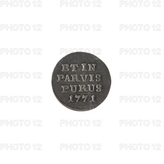 silver Crown trial groschen, Stanislaw August Poniatowski (King of Poland; 1764–1795), Holzhaeusser, Johann Philip (engraver), Schröder, Justyn (Mintmaster of the Warsaw Mint 1768–1772), Polish coins, Stanislaw August Poniatowski (King of Poland; 1732–1798), monograms, tied monograms, royal monograms, inscriptions, Crown coins, trial coins, maxims. Obv.: under a crown tied monogram composed of the letters SAR, continuous border. Rev.: inscription in four lines: ET IN / PARVIS / PURUS / 1771, continuous border. 1771. Polish–Lithuanian Commonwealth (1569–1795), Warsaw, Poland. Coin, mint hallmark. Diameter 14.8–15.0 mm, weight 0.67 g.