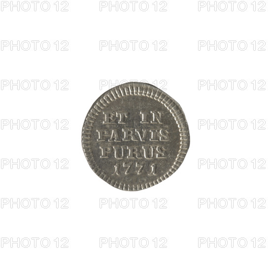 silver Crown trial groschen, Stanislaw August Poniatowski (King of Poland; 1764–1795), Holzhaeusser, Johann Philip (engraver; 1731/1741–1792), Schröder, Justyn (Mintmaster of the Warsaw Mint 1768–1772), Polish coins, Stanislaw August Poniatowski (King of Poland; 1732–1798), monograms, tied monograms, royal monograms, inscriptions, Crown coins, trial coins, maxims. Obv.: Pod korona tied monogram composed of the letters SAR, pearl border. Rev.: Inscription in four lines: ET IN / PARVIS / PURUS / 1771, pearl border. 1771, Polish–Lithuanian Commonwealth (1569–1795), Warsaw, Poland. Coin, mint hallmark. Diameter 15.7 mm; diameter 16.4 mm; weight 1.17 g.