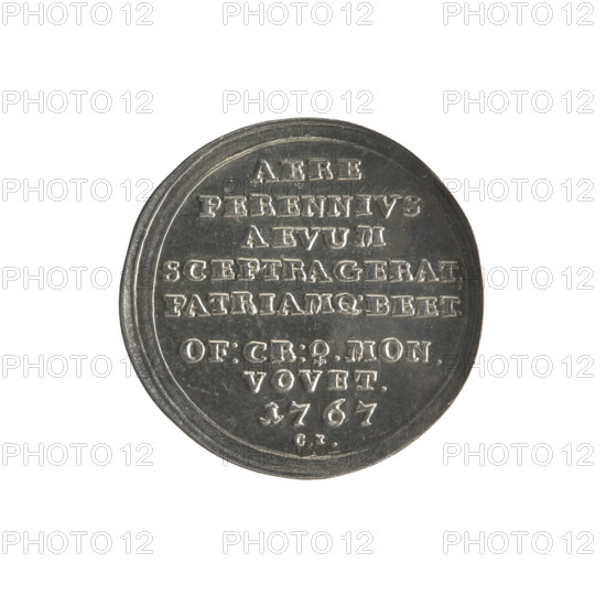 Historical trio; Stanislaw August Poniatowski (King of Poland; 1732–1798) and Konstanty Jablonowski — inspector; commemorative coin dated 1767. Obverse: Head of Stanislaw August turned to the right, around it a divided inscription at the bottom: 'STANISLAUS AUG. D.G.REX POL.MDL-' with continuous border. Reverse: Inscription in eight lines: 'AERE/PERENNIVS/AEVUM/SCEPTRAGERAT./PATRIAMQ.BEET./OF:CR:?.MON./VOVET./1767', below signature 'CI', continuous border, smooth edge. Polish–Lithuanian Commonwealth (1569–1795), Kraków, Poland. Coin (commemorative). Diameter 28.5–29.0 mm; weight 8.09 g.