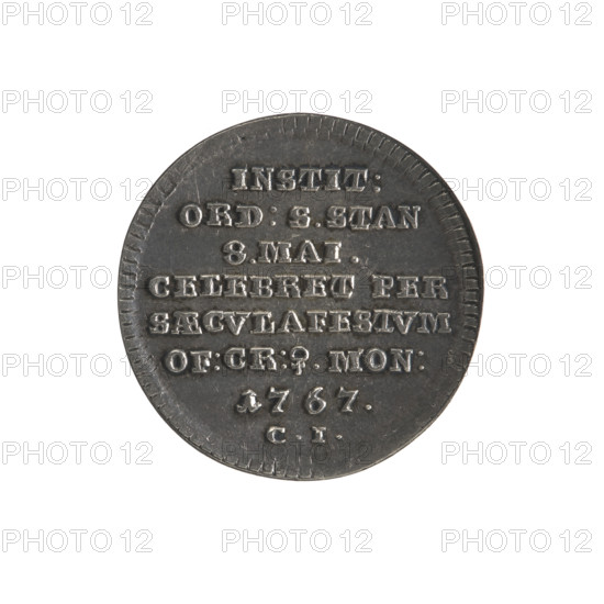 Historical troika, Stanislaw August Poniatowski (King of Poland; 1732–1798), Konstanty Jablonowski - inspector, 1767. Polish-Lithuanian Commonwealth (1569–1795), Kraków, Poland. Commemorative coin; coin dia. 29.0 mm / 29.2 mm, weight 8.75 g, smooth edge. WQXBCFS
I:\nmw crop ready cleaned\ WQXBCFS
I:\nmw crop ready cleaned\Obv.: Head of Stanislaw August turned right, around the inscription, divided at the bottom: 'STANISLAUS AUG: D:G:REX POL:M:D:L:', pearl border. WQXBCFS
I:\nmw crop ready cleaned\Rev.: Inscription in seven lines: 'INSTIT:/ORD:S.STAN/8.MAI./CELEBRET PER/SAECVLAFESTVM/OF:CR:?.MON:/1767.', below the CI signature, pearl border.