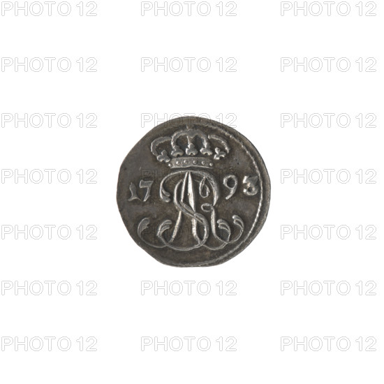 Gdansk trial szelag?, Monogramist CLM (1793), Stanislaw August Poniatowski (King of Poland; 1732-1798), monograms, royal monograms, tied monograms, inscriptions, coats of arms, city coats of arms, Gdansk (coat of arms), city coins, trial coins. Obv.: Under the crown, a tied monogram composed of the letters SAR, on the sides: 17 - 93, pearl border. Rev.: Under the rosette, an inscription in three lines: SOLID/CIVITAT/GEDAN, below the coat of arms of Gdansk, on the sides the signature: CL - M., pearl border. 1793, Polish–Lithuanian Commonwealth (1569–1795), Gdansk, Poland. Coin: diameter 16.0–16.3 mm, weight 1.79 g.