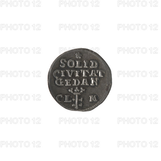Gdansk trial szelag?, Monogramist CLM (1793); trial coin. Obverse: Under the crown, a tied monogram composed of the letters SAR, flanked by 17 - 93, pearl border. Reverse: Under the rosette, inscription in three lines: SOLID/CIVITAT/GEDAN, below the coat of arms of Gdansk, with the signature CL - M., pearl border. 1793. Polish–Lithuanian Commonwealth; Gdansk, Poland. Coin; diameter 16.0–16.3 mm, weight 1.79 g.