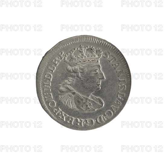 Gdansk six-coin, Stanislaw August Poniatowski (King of Poland; 1764–1795). Oeckermann, Rudolf Ernest (1760–1765). Obv.: Right-facing crowned bust in armour and mantle wearing the Order of the White Eagle; inscription around divided at top: STANISL:AVG:D:G.REX.POL:MDLRP; pearl border. Rev.: Oval shield with the coat of arms of Gdansk supported by two lions beneath a wreath; numeral VI; signature REOE.; inscription around divided: MON:ARGENT:CIVIT:GEDAN:1764; pearl border. 1764. Polish–Lithuanian Commonwealth (1569–1795), Gdansk, Poland. Coin. Diameter 23.0–23.5 mm; weight 3.20 g.