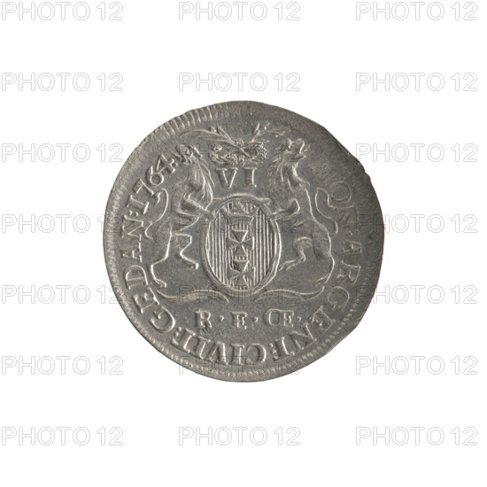 Gdansk six-coin, Stanislaw August Poniatowski (King of Poland; 1764-1795), Oeckermann, Rudolf Ernest (1760-1765), Stanislaw August Poniatowski (King of Poland; 1732-1798), coats of arms, city coats of arms, Gdansk (coat of arms), city coins, Stanislaw August Poniatowski (King of Poland; 1732-1798) - iconography, royal bust, Order of the White Eagle, Obv.: Right-facing crowned bust in armour and mantle wearing the Order of the White Eagle, inscription: STANISL:AVG:D:G.REX.POL:MDLRP, pearl border. Reverse: Oval shield with the coat of arms of Gdansk supported by two lions, above under a wreath, numeral VI, signature: REOE., inscription: MON:ARGENT:CIVIT:GEDAN:1764, pearl border. 1764, Polish–Lithuanian Commonwealth (1569–1795), Gdansk, Poland. Coin: diameter 23.0–23.5 mm, weight 3.20 g.