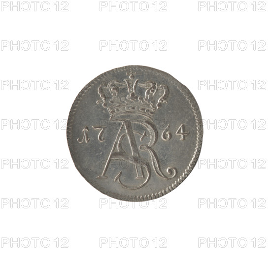 Torun trojak, Brückmann, Szymon (fl. 1764–1768), Stanislaw August Poniatowski (King of Poland; 1732–1798), monograms, royal monograms, tied monograms, inscriptions, coats of arms, city coats of arms, Torun (coat of arms). Obv.: Under the crown a tied monogram composed of the letters SAR, on the sides: 17 - 64, pearl border. Rev.: A shield with the coat of arms of Torun held by an angel, signature on the sides: S - B, around it an inscription starting with a star .GROSSUS.TRIPLEX.THORUNENSIS, pearl border, 1764. Polish–Lithuanian Commonwealth (1569–1795), Torun, Poland. Coin; diameter 20.3–20.6 mm, weight 1.60 g.