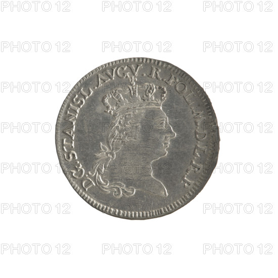 Six-coin, Brückmann, Szymon (fl. 1764–1768). Obverse: right-facing crowned head of Stanislaw August Poniatowski, around inscription divided at the bottom: 'DGSTANISL.AVGV.R.POL.MDLRP', pearl border. Reverse: shield with the Torun coat of arms held by an angel, date on the sides '17 - 65', below signature 'S - B', under the shield number of values 'VI', around the inscription divided at the bottom starting with a rosette '.MONETA.ARGENT - CIVITA.THORUNENS', pearl border. 1765. Polish–Lithuanian Commonwealth (1569–1795), Torun, Poland. Coin; diameter 23.8–24.2 mm, weight 3.01 g.