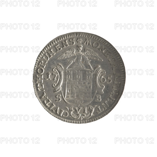 Six-coin, 1765. Obverse: right-facing crowned head of Stanislaw August, around inscription divided at the bottom: DGSTANISL.AVGV.R.POL.MDLRP -, pearl border. Reverse: shield with the Torun coat of arms held by an angel, date on the sides: 17 - 65, below signature: S - B, under the shield number of values: VI, around the inscription divided at the bottom starting with a rosette .MONETA.ARGENT - CIVITA.THORUNENS, pearl border. Maker/inscription: S-B. Ruler: Stanislaw August Poniatowski (King of Poland; 1732–1798). Materials/style: coin (silver), city coin with coats of arms, iconography includes ruler’s head and Torun coat of arms. Place: Torun, Polish–Lithuanian Commonwealth. Dimensions: diameter ~23.8–24.2 mm; weight 3.01 g.
