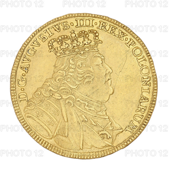 Crown double ducat, maker: Croll, Ernest Dietrich (fl. 1753–1763). Issued under August III the Saxon (King of Poland, 1733–1763; Elector of Saxony, 1696–1763), 1754. Obverse: Crowned bust of the king in right profile, legend 'D.G.AUGUSTUS.III.REX.POLONIARUM'. Reverse: Under a crown, a five-field shield with the Polish, Lithuanian and Saxon coats of arms; at the bottom the letters 'EDC' and inscription 'SAC.ROM.IMP.ARCHIM. ET ELECT.1754'. Coin (Poland/Leipzig), diameter 27 mm, weight 6.92 g., A round metallic coin with a warm golden color showing a raised profile of a crowned figure facing right, with detailed curly hair and ornate clothing, including a cloak and decorative armor elements; the crown has ornate embellishments and the coin edge is ridged, with a smooth background surface that shows some fine scratches and slight variations in tone.