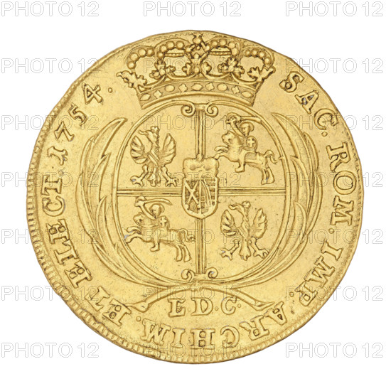 Crown double ducat, c.1754. Maker: Ernest Dietrich Croll (fl. 1753–1763). Issued under August III the Saxon (King of Poland; Elector of Saxony; 1696–1763). Minted in Leipzig, Germany. Obverse: Crowned bust of the king in right profile, legend 'D.G.AUGUSTUS.III.REX.POLONIARUM'. Reverse: Under the crown a five-field shield with the Polish, Lithuanian and Saxon coats of arms; at the bottom the letters 'EDC' and the inscription 'SAC.ROM.IMP.ARCHIM. ET ELECT. 1754'. Coin of Poland; diameter 27 mm; weight 6.92 g., A round metallic object with a yellow-gold color fills the image, showing a raised decorative design that includes a crowned emblem at the top, a central shield divided into four sections with animal and rider figures in each quadrant, ornate curved lines framing the shield, and a ribbon-like element near the bottom. The surface has fine stamped details and a slightly worn texture, with a narrow raised rim around the edge. The background is plain and white.