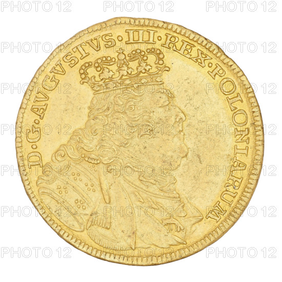 Crown double-ducat by Ernest Dietrich Croll (fl. 1753–1763), 1754. Obverse: Crowned bust of King August III in right profile, legend 'D.G.AUGUSTUS.III.REX.POLONIARUM'. Reverse: Under a crown a five-opel shield between branches bearing the Polish, Lithuanian, and Saxon coats of arms; below the letters 'SAC.ROM.IMP.ARCHIM. ET ELECT.' Diameter 28 mm, weight 6.93 g., A circular metallic coin with a worn surface showing a raised profile of a crowned male figure facing right, featuring detailed curly hair and a textured ornate crown, and wearing a decorated garment with visible folds and patterns; the coin edge has a ridged border; predominant colors are gold and lighter gold variations with subtle darker patina spots.