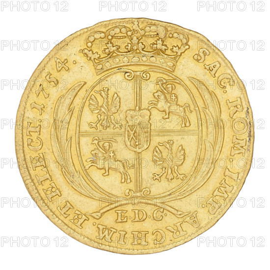 Crown double-ducat by Ernest Dietrich Croll (fl. 1753–1763) for August III the Saxon (King of Poland; Elector of Saxony; 1696–1763), 1754. Obverse: Crowned bust of the king in right profile, legend 'D.G.AUGUSTUS.III.REX.POLONIARUM'. Reverse: Under a crown a five-opel shield between branches with the Polish, Lithuanian, and Saxon coats of arms; below the letters 'SAC.ROM.IMP.ARCHIM. ET ELECT.' Diameter 28 mm, weight 6.93 g., A round gold-colored coin with a raised ornate border and a central circular shield design topped by a detailed crown; the shield is quartered with a few heraldic animals and small rider figures, and a small central escutcheon. Surrounding the shield are curved laurel-like branches and decorative scrollwork. The coin surface shows subtle variations of gold tone with some darker patina in recessed areas and small surface marks and wear along the rim.
