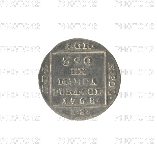 silver crown grosz, Schröder, Justyn (master of the Warsaw mint 1768-1772), Stanislaw August Poniatowski (king of Poland; 1764-1795), Stanislaw August Poniatowski (king of Poland; 1732-1798), Polish coins, monograms, tied monograms, royal monograms, inscriptions, crown coins, Obv.: In a square frame, under a crown, a tied monogram composed of the letters SAR, pearl border. Rev.: In a square frame, an inscription in five lines: 320/EX/MARCA/PURA.COL./1768., square sides: 1.GR./R.POL./MDL/IS, pearl border, 1768, Polish-Lithuanian Commonwealth (1569-1795), Warsaw, Poland, coin; dia. 21.2 mm, dia. 21.5 mm, weight 1.94 g