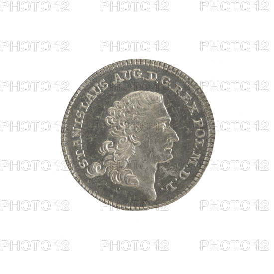 Crown six-pack coin sample, Sylm, Fryderyk (1765–1767), Stanislaw August Poniatowski (King of Poland; 1732–1798). Obv.: Male head turned to the right separating the inscription STANISLAUS AUG. D G REX POL. MDL — pearl border. Rev.: In a wreath, under a crown, a round five-field coat of arms with the coats of arms of Poland (Eagle), Lithuania (Pogon) and the Poniatowski coat of arms (Ciolek) in the heart field; below the value digit 6, separating the signature F — S, around it an inscription divided twice: 200. EX. MARCA — PURA COL. 1766 — pearl border. Edge decorated obliquely. 1766. Polish–Lithuanian Commonwealth (1569–1795), Warsaw, Poland. Coin. Diameter 27.5–27.8 mm; weight 3.15 g.