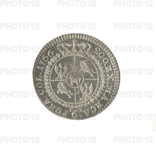 Crown six-pack coin sample, Sylm, Fryderyk (1765-1767), Stanislaw August Poniatowski (King of Poland; 1764-1795), Polish coin (Crown coin), coats of arms, multi-field coats of arms, coats of arms under a crown, male head portrait, Stanislaw August Poniatowski — iconography. Obv.: Male head turned to the right separating the inscription STANISLAUS AUG. D. G. REX POL. MDL — pearl border. Rev.: In a wreath, under a crown, a round five-field coat of arms with the coats of arms of Poland (Eagle), Lithuania (Pogon) and the Poniatowski coat of arms (Ciolek) in the heart field; below the value digit 6, separating the signature F — S; inscription divided twice: 200. EX. MARCA — PURA COL. 1766 — pearl border. Edge decorated obliquely. Date: 1766. Place: Polish–Lithuanian Commonwealth. Coin diameter: 27.5–27.8 mm. Weight: 3.15 g.