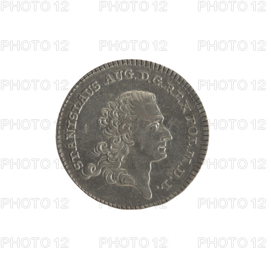 Crown six-coin sample, Stanislaw August Poniatowski (King of Poland; 1764–1795), publisher: Sylm, Frederick William (fl. 1765–1767). Obv.: Male head turned right, dividing inscription STANISLAUS AUG. D. G. REX POL. MDL; pearl border. Rev.: In wreath under crown, round five-field coat of arms with Poland (Eagle), Lithuania (Pogon) and Poniatowski (Ciolek) in the heart field; below the value digit 6, dividing signature F - S; double-divided inscription 200. EX. MARCA. PURA. COL. 1766; pearl border. Edge decorated obliquely. 1766. Polish–Lithuanian Commonwealth (1569–1795), Warsaw, Poland. Coin; diameter 22.5–23.0 mm; weight 3.18 g.