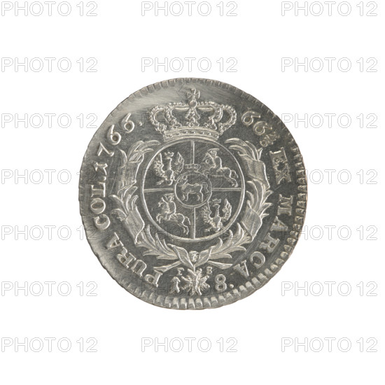 Obv.: Head of Stanislaw August, inscription around the rim: STANISLAUS AUG.DGREX POL.MDL - pearl border. Reverse: Under the crown, in a wreath, a round five-field coat of arms with the coats of arms of Poland (Orzel), Lithuania (Pogon) and the Poniatowski coat of arms (Ciolek); around it a wreath with the Order of the White Eagle, on the sides the letters -S and 1 - 8., in the rim the inscription: 66 2/3 EX MARCA - PURA COL.1766. - pearl border; decorative edge. Trial crown emblem. Sylm, Fryderyk (1765–1767), publisher. Stanislaw August Poniatowski (King of Poland; 1732–1798). 1766. Polish–Lithuanian Commonwealth (1569–1795), Warsaw, Poland. Coin; diameter 27.7 mm and 28.2 mm, weight 5.61 g.